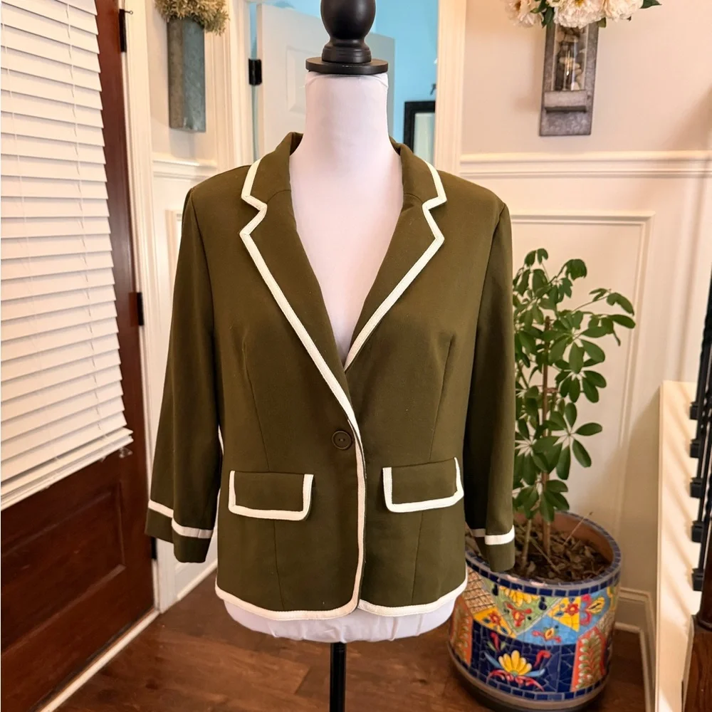Modcloth NWOT Olive Green Blazer with White Piping Button and Pockets - Picture 2 of 6